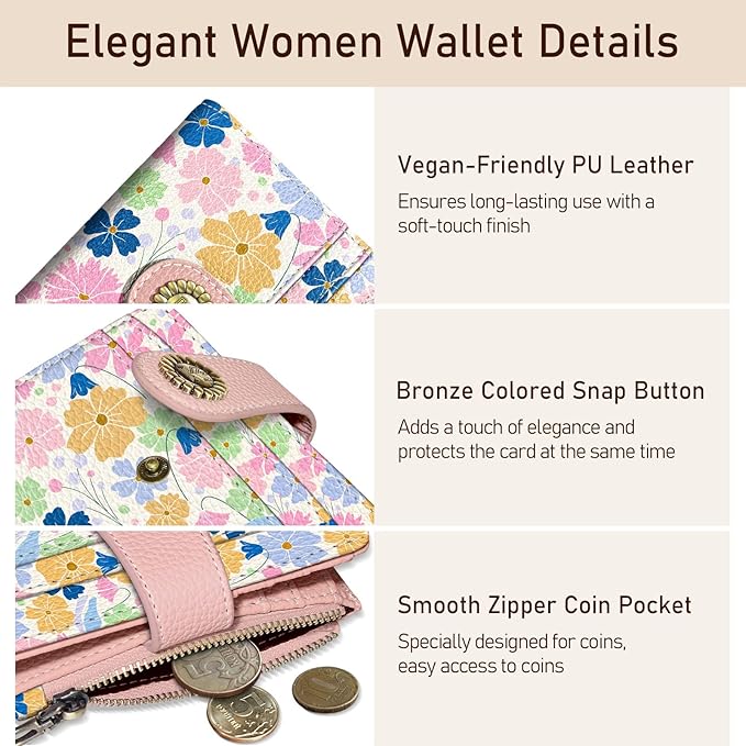 Kelvoris Pastel Art Flower Floral Small Rfid Women Wallet Bifold Zipper Coin Pocket PU Leather Compact Cash Credit Card Holder Travel Wallet for Female Ladies Teen Girls 1 ID Window 10 Card Slots