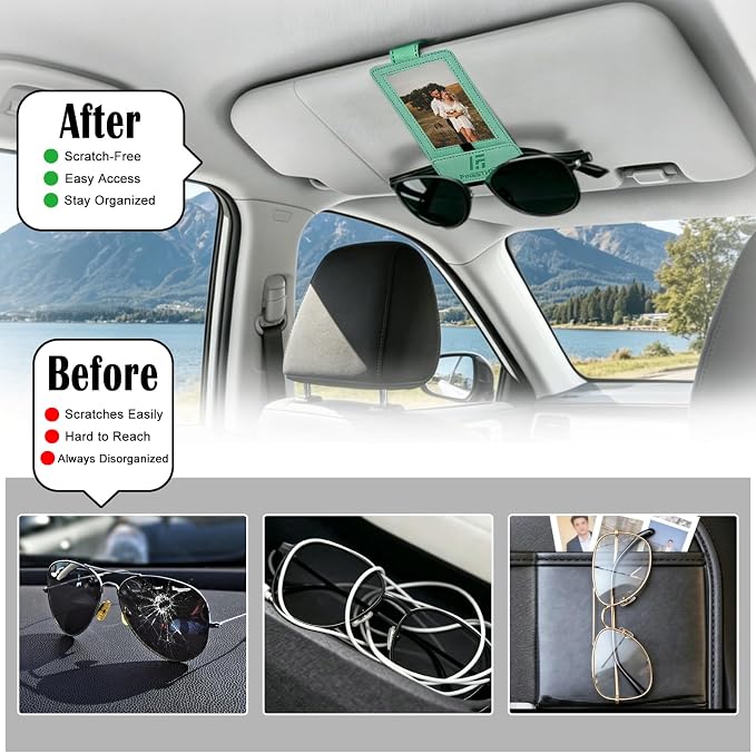 Magnetic 2-in-1 Sunglass & Photo Holder for Car Visor, Leather Anti-Slip No-Fall No-Slide, Fits SUV Truck RV