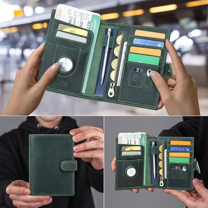CONTACTS Full Grain Leather Passport Holder Compatible with Airtag Slot RFID Blocking Passport Wallet Travel Slim Passport Cover with SIM Card Removal Tool (Green)