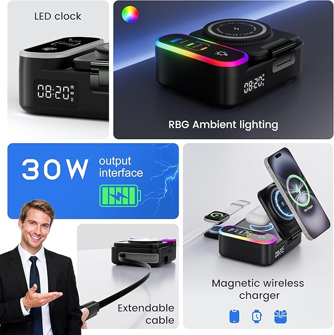 65W 8-in-1 Foldable Wireless Charging Station, 30W USB-C & 15W Magnetic Fast Charging for Apple Magnetic Stand, RGB Light & Clock for iPhone 17-12 Pro Max, Watch, AirPods, iPad for Desk Nightstand