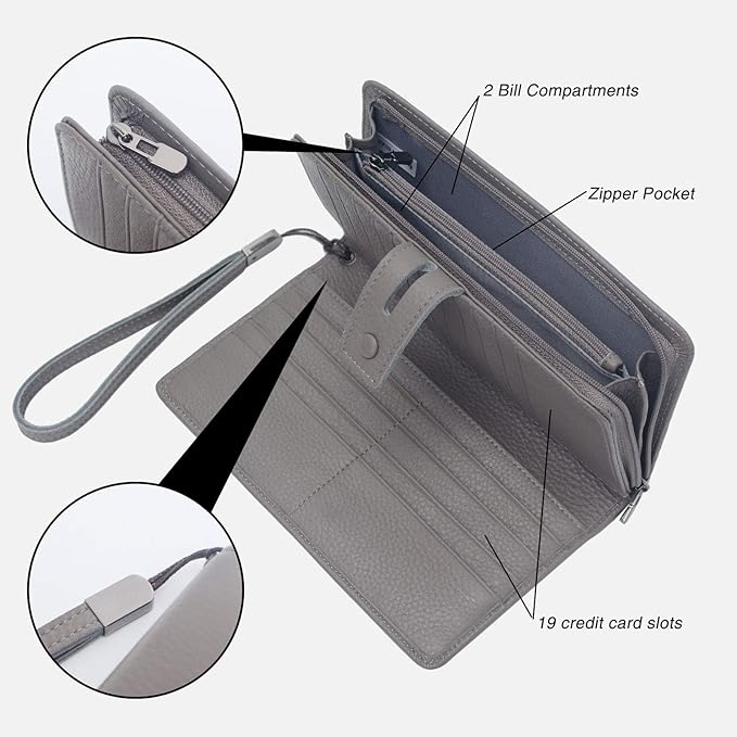 Bveyzi Women's Big Fat Rfid Leather Wristlet Wallet Organizer Large Phone Checkbook Holder with Zipper Pocket (Grey)