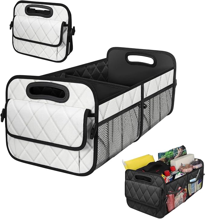 Car Trunk Organizer, Multi-Compartment Auto Trunk Storing Bag with Pockets, Collapsible Organizer and Storage for Sedans, SUVs, Trucks, Universal Interior Car Accessories (White)