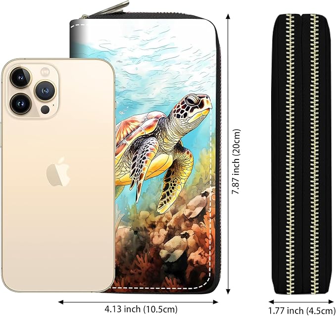 Women's Large Capacity Wallet PU Leather Double Zipper Clutch Purse Multifunctional Wallet with Removable Wristlet Strap for Smart Phone/Coin/Card/Cash - Sea Turtle
