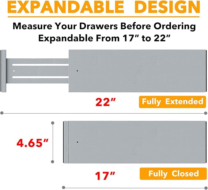 SpaceAid Bamboo Dresser Drawer Dividers 6 Pack, 4.65“ High Adjustable 17“-22” Drawer Organizers, Expandable Organization for Clothing, Clothes, Dressers, Gray