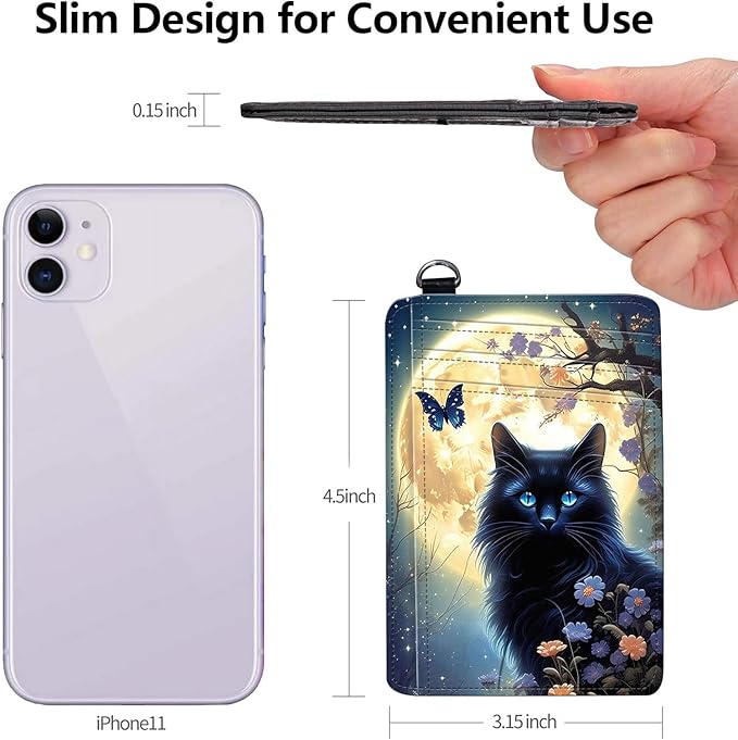 Slim RFID Blocking Card Holder Wallet with Wrist Strap - Minimalist Front Pocket Wallet, Black cat Moon Design, PU Leathe, for Men & Women, Ideal for Travel & Gifts
