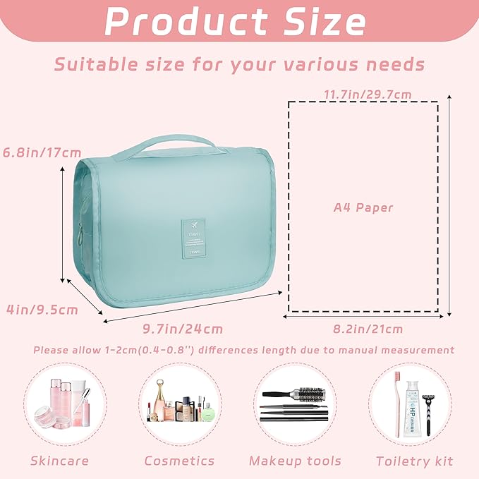 Toiletry Bag Travel Bag with Hanging Hook, Waterproof Capacity Hanging Multifunctional Makeup Bag for Toiletries, Portable Cosmetic Bag Travel Organizer for Women and Men(Light Blue)