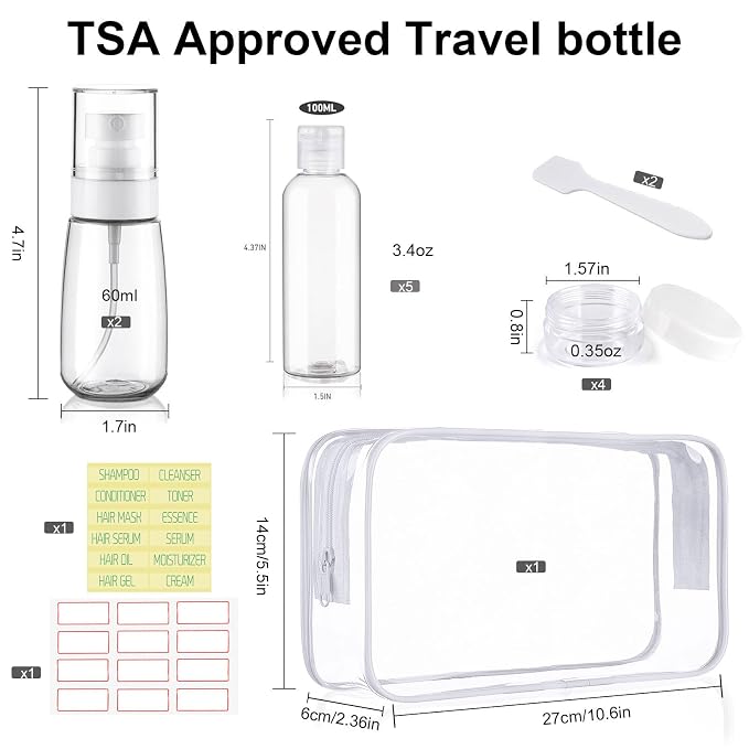 10 Pack Travel Bottles for Toiletries 3.4oz TSA Approved Travel Size Containers Leak Proof Shampoo Bottles Squeezable Empty Plastic Toiletry Bottle Small Traveling Essentials(Clear)