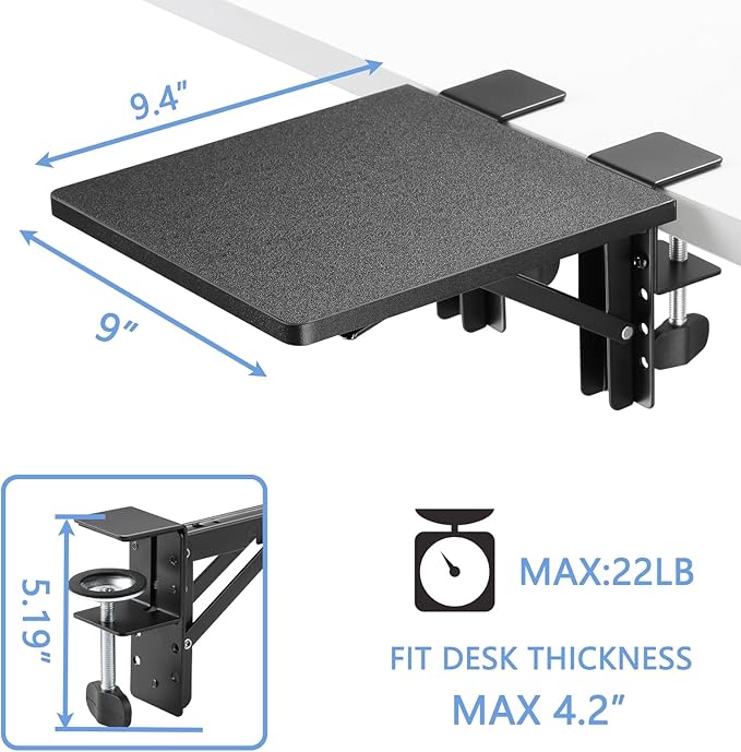 ETHU Desk Extender Tray, 9.4"x9.1" Ergonomics Computer Arm Wrist Rest for Desk, Foldable Keyboard Drawer Tray Clamp On Mount Easy to Install, Armrest Support for Home and Office (Black)