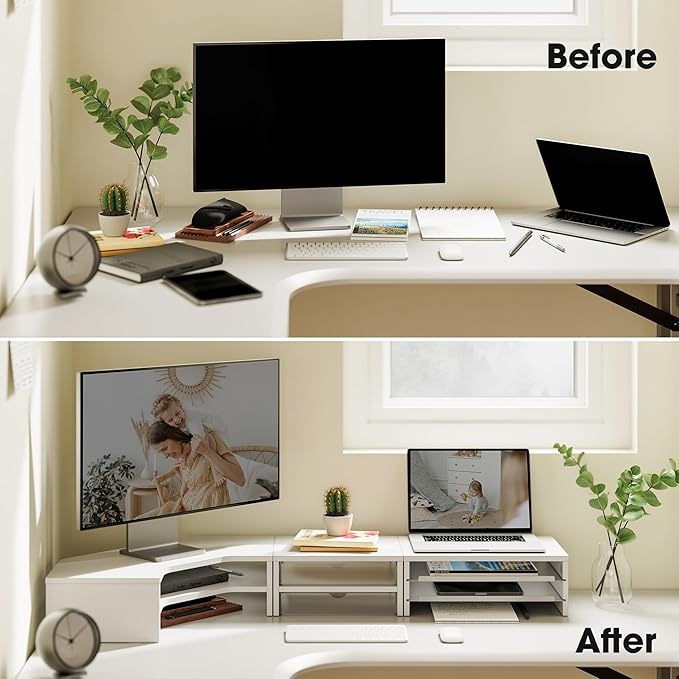 Fenge Dual Monitor Stand, Corner Monitor shelf with Drawer and Slide-Out Tray, 2 Tier Triangle Monitor Riser with Storage, Desk Shelf Organizer for Desk, Home Office, Computer, Laptop, Printer