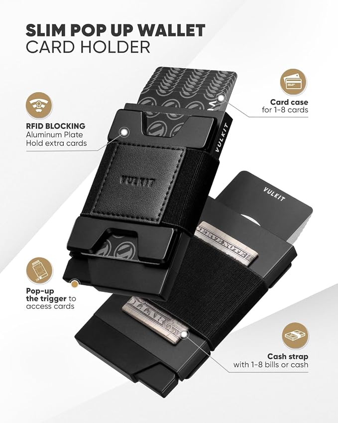 VULKIT Minimalist Pop Up Wallet RFID Blocking Aluminum Credit Card Holder with Expandable Backplate, Holds 12 Cards and Cash for Men and Women Black