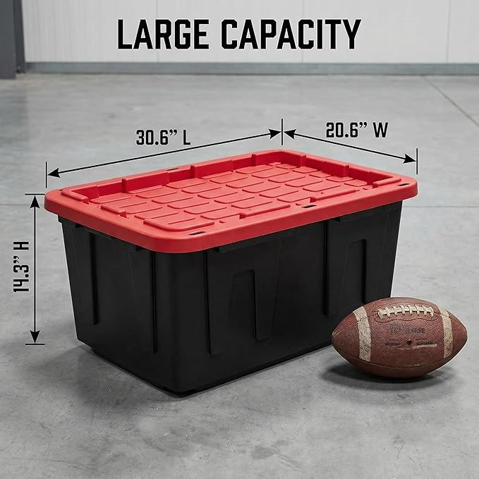 27 Gal Industrial Tote,Pack of 2 red Plastic storage bins with lids for Garage, Basement, or Outdoor,Heavy Duty storage Totes,Black with Red Lid,Stackable & Nestable