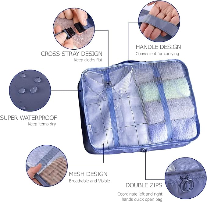 6 Set Packing Cubes for Travel, Luggage Organizers with Shoe & Toiletry Bags, Lightweight Suitcase Organizer for Carry-On, Washable Laundry Bags(Dark Blue)