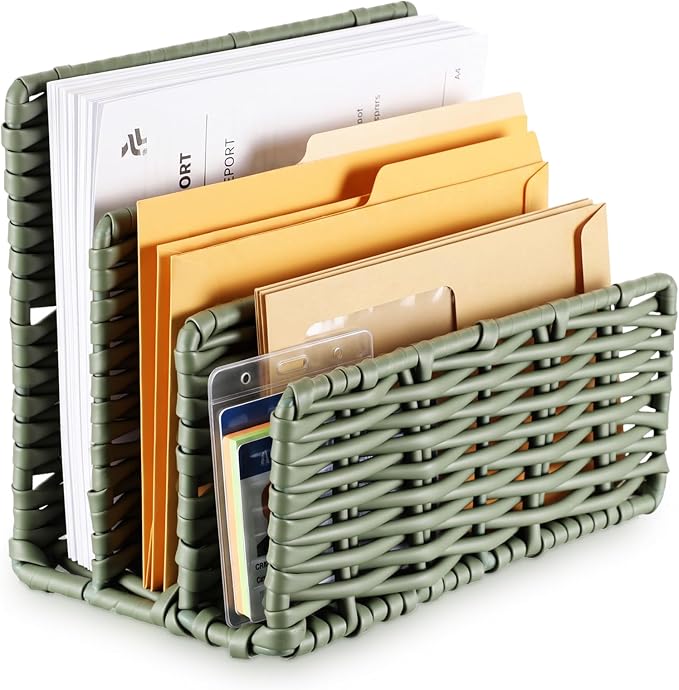 Paper Rattan Mail Organizer for Desk Mail Holder Countertop with 3 Slot Paper Rattan Letter Sorter File Holder Envelope Book Stand Farmhouse Office Desk Organizer and Storage Accessories