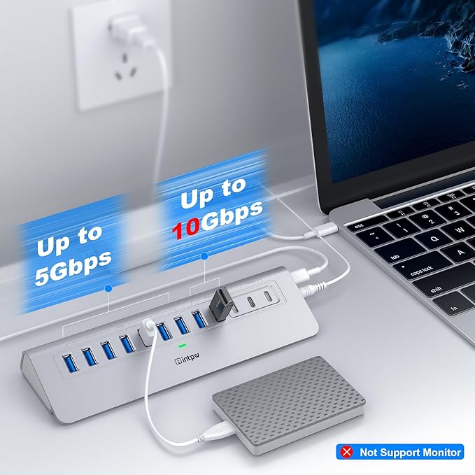 Powered USB Hub 10Gbps, intpw YH9AC 12 Port USB C Hub with 10Gbps USB C 3.2+2 USB A 3.2, 7 USB 3.0, 2 PD 45W Charging Port, 65W Power Adapter + 3.3FT Cable, Aluminum USB Hub for Laptop/iPhone 17/16/PC
