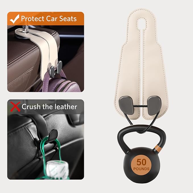 CoBak Headrest Hooks for Car - Universal Premium Stitched Leather and Aluminum-Magnesium Alloy Double Car Seat Back Storage Hook for Purses, Handbags, Bags (2 Pack),Beige