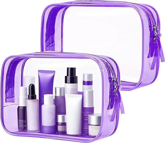 PLULON 2 Pack Clear Travel Toiletry Bag, TSA Approved Toiletry Bag Clear Makeup Bag Quart Size Portable Cosmetic Bags Carry on Travel Accessories Bag for Women Men - Purple