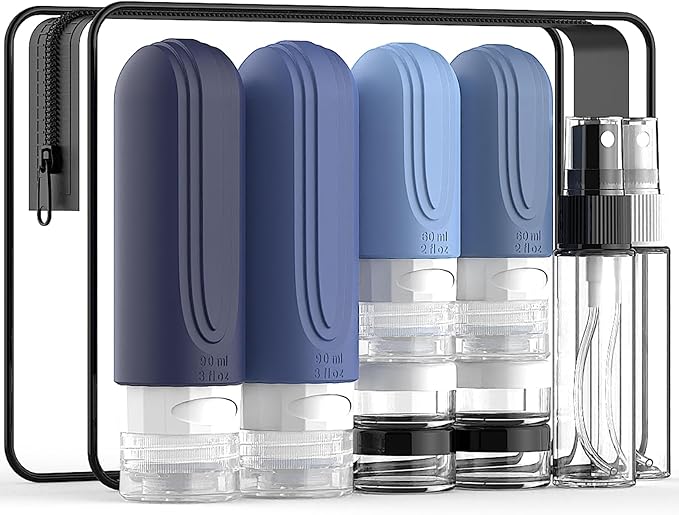 Travel Bottles for Toiletries 10 Pack, TSA Approved Travel Size Toiletries Essentials Containers Set, Leak Proof Silicone Bottles Kit, Refillable Liquid & Creams Accessories (BLUE)