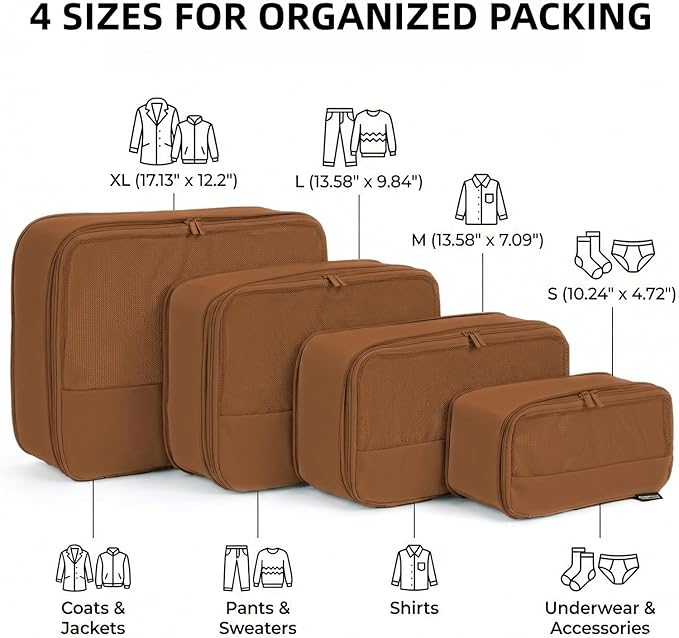 4 Piece Compression Packing Cubes for 3–7 Day Travel, Lightweight Travel Organizers with Breathable Mesh, Double-Zipper Packing Cubes for Carry-On & Suitcases (Light Brown)