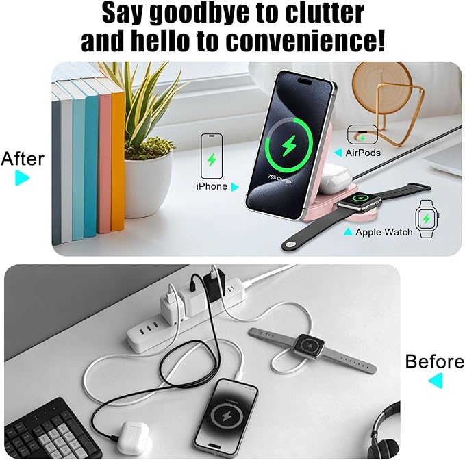 3 in 1 MagSafe Wireless Charging Station, 15W Magnetic Fast Charger for iPhone 17/16/15/14/13/12 Series, Apple Watch & AirPods, Foldable Portable Charging Stand for Desk, Bedside & Travel, Pink