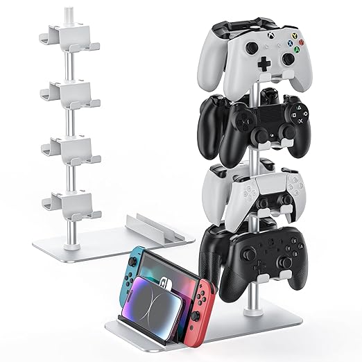 MANMUVIMO Controller Holder for 8 Xbox PS5 PS4 Gaming Controller, Controller Stand Desk, Gamer Gifts for Men, Organizer Rack for Headset/iPad/Mobile Phone, Gaming Room Accessories(White)