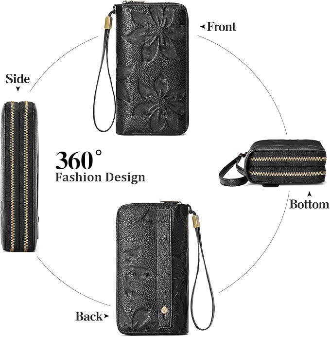 GAEKEAO Wallet for Women Clutch RFID Blocking Wristlet Leather Purse Large Capacity Credit Card Holder with Grip Hand Strap