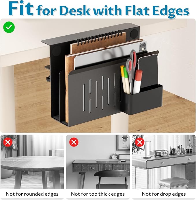 Onemake Desk Side Storage, 2-Tier No Drill Laptop Holder, Clamp on Desks Shelf with Magnetic Pen Holder, Hanging Desk Organizer for Home Office, Fits Flat Edge Tables 0.4" to 2.3"
