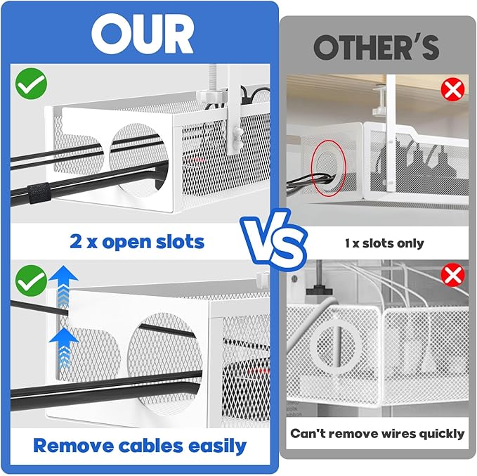 Under Desk Cable Management Tray No Drill 15.1’’, Metal Mesh Cable Management Box with Hybrid Side Slots & Reinforced Basket,Adjustable Cable Tray with Wire Management for Office Home,1 Pack (White)