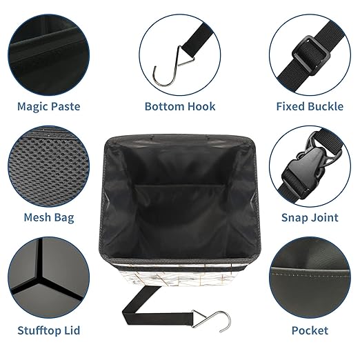 Geometric Line Arrow Pattern Auto Garbage Can with Lid, Leak-Proof Car Storage Bag, Hanging for Headrest, Collapsible and Portable, Mesh Pocket
