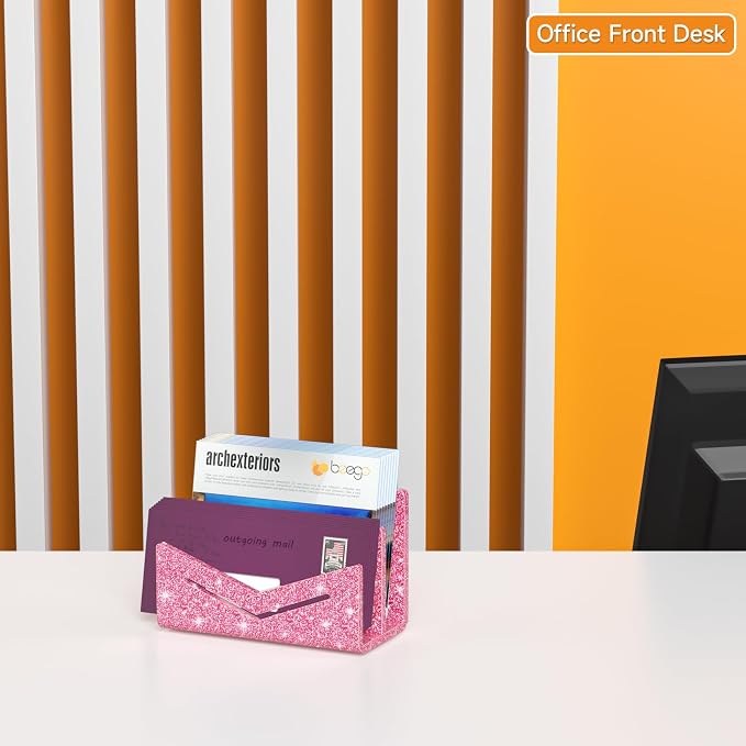 Beego Envelope and Mail Organizer Countertop - 2 Compartments Glitter Pink Acrylic Desk Organizer Letter Holder Desktop File Sorter Bill Document Folder Rack for Office, Home, School
