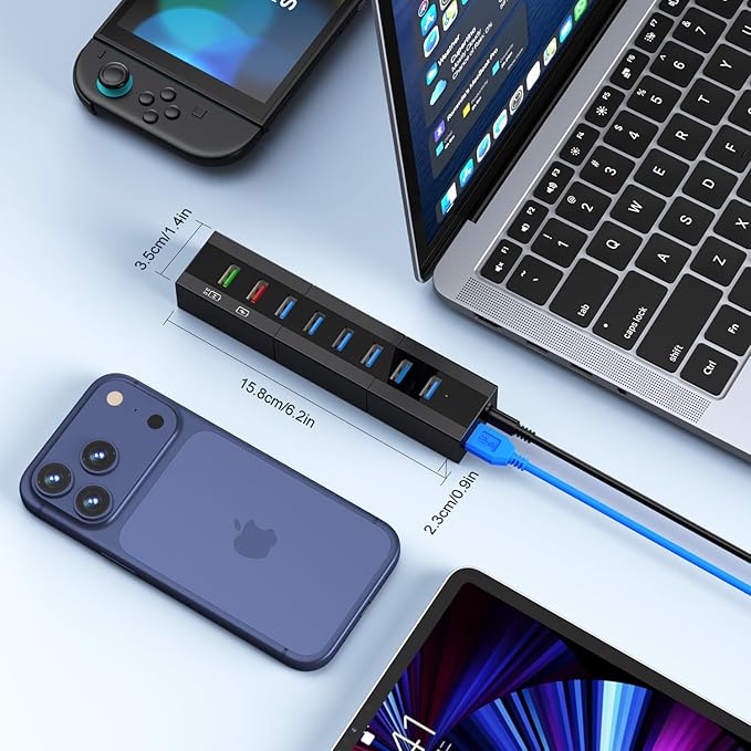 Powered USB 3.0 Hub, RAOYI 8 Ports High Speed USB 3.0 Hub Splitter with 36W Power Adapter, 3.3ft Cable and Smart Fast Charger USB Hub for for Laptop, PC, Mac, Mobile HDD, Mulitple Devices (Black)