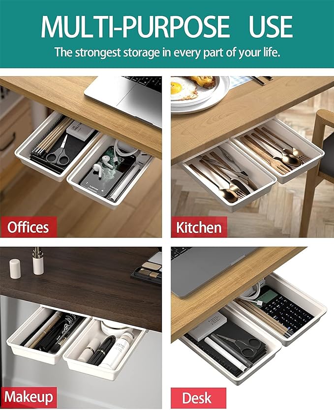 SVNNELP 2Pack Under Table Desk Drawer Storage Organizer Slide Out, Hidden Self-Adhesive Under Desktop Pencil Tray Drawer for Office,Classroom,Kitchen(S/white）