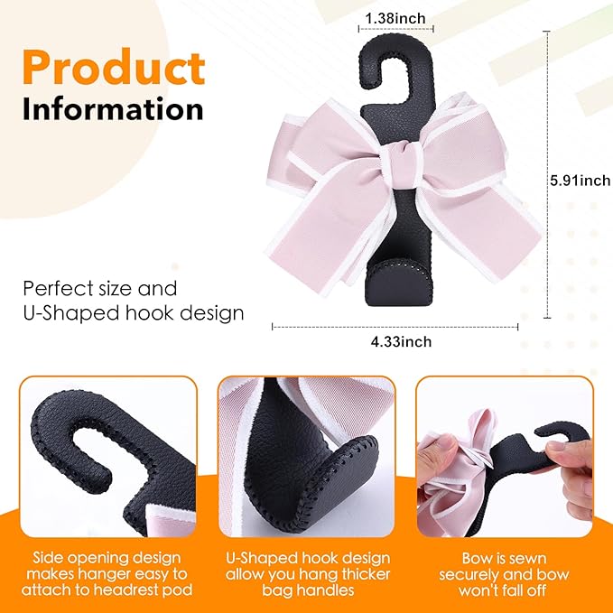 Car Purse Hook, Cute Bow Hooks for Headrest - Leather U-Shaped Purse Holder for Car, Flexible Seat Back Organizer & Durable Vehicle Accessories for Bags, Coats & More (Black&Pink-2 Pack)
