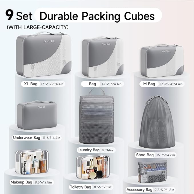 9 Set Packing Cubes for Travel, Gifts for Women Mom,Anti-Tearing Suitcase Organizer,OlarHike Vacation Essentials & Accessories for Cruise Ship