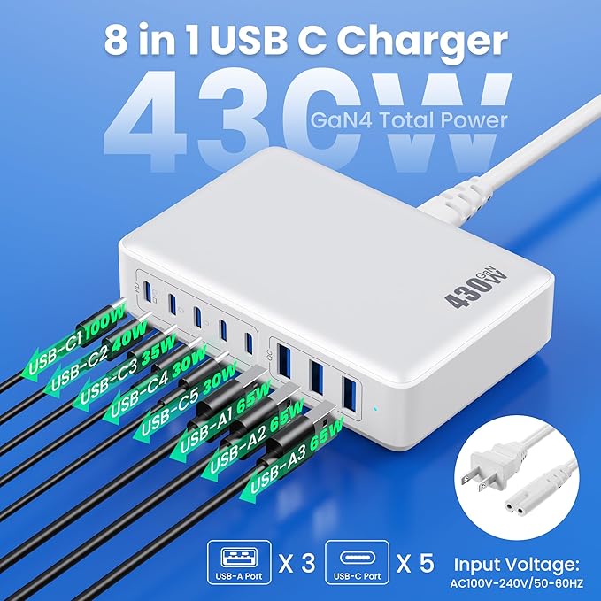 USB C Charger 430W USB C Charger Block, 8-Ports GaN IV Fast Charging Station Hub,PD 100W Laptop Charger Adapter,for MacBook Pro/Air/iPad/iPhone16/15/14/Apple Watch/DELL/Samsung for Home Office
