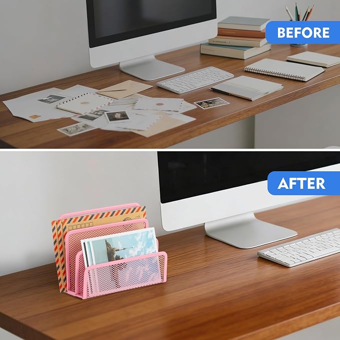 EASEPRES Desk Mail Organizer, Office Small Desktop Metal Mesh Envelope Letter Sorter Paper File Holder Organizer with 3 Vertical Upright Compartments, Pink 1 Pack