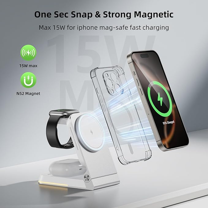 Foldable Wireless Charger 3 in 1 - Magnetic Wireless Charging Station for Apple Magsafe Charger Stand with Light,Aluminum Portable Travel Charger Dock for iPhone 17/16/15/14/13/12,Apple Watch,AirPods