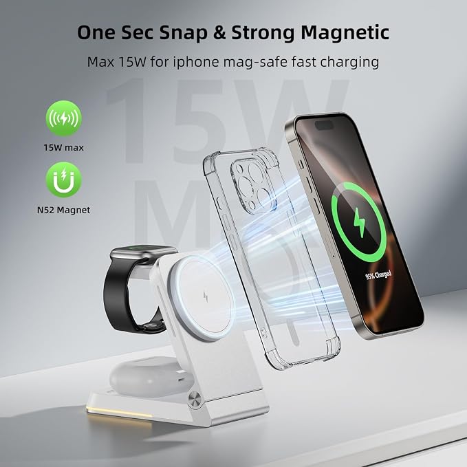 Aluminum 3 in 1 Wireless Charging Station,Foldable Wireless Charger for Apple Magsafe with Light,Portable Travel Magnetic Charger Stand for iPhone 17/16/15/14,Watch,Airpod,with PD 20W Adapter & Case