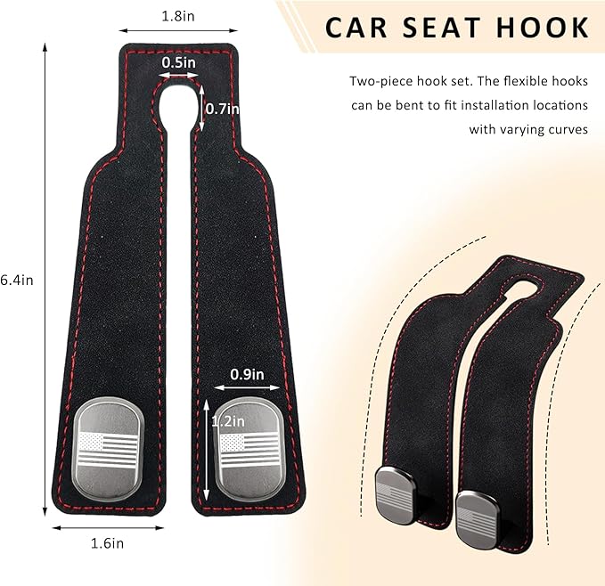 Sun Walker 2 PCS Car Seat Headrest Hooks, Auto Back Seat Purse Hook Bag Organizer with American Flag, Vehicle Double Metal Hooks Storage Hanging Holder for Handbags Coats Phones (Black)