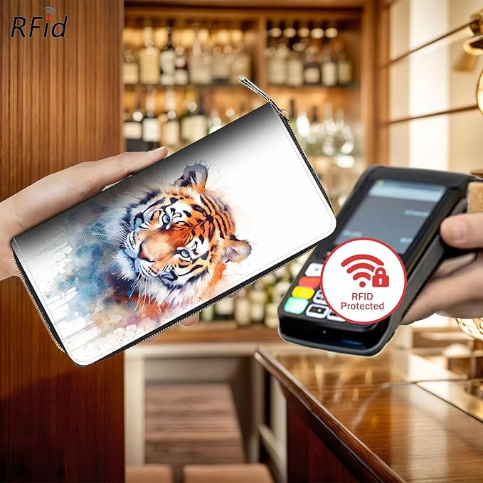 Bxgolkgd Womens Wallet, RFID Blocking Leather Wallet,Large Capacity Wallet Credit Card Holder PU Leather Ladies Clutch with Zipper Coin Pocket - Watercolor Tiger