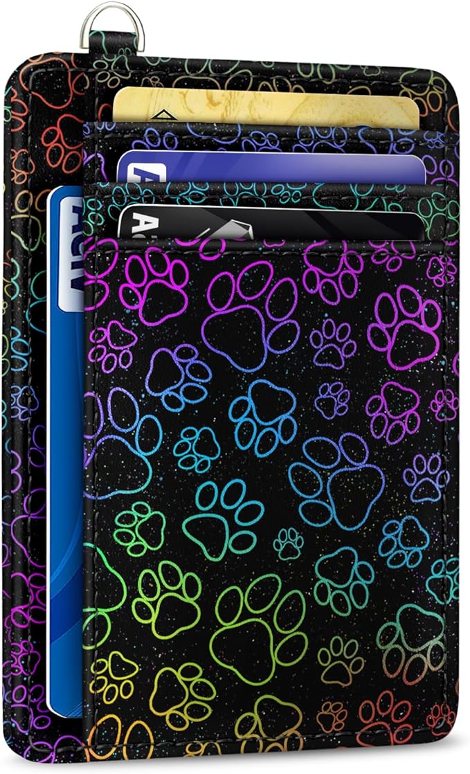 Yonlevres Credit Card Holder Slim Wallet, Puppy Dog Paw RFID Wallet Women Front Pocket Small Card Holder, Travel Cute Funny Thin with ID Window PU Leather RFID Blocking Case Organizer Gifts