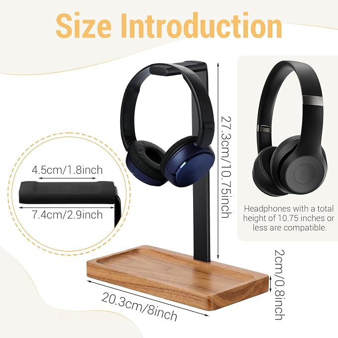 Wood Headphone Stand, Walnut Headset Stand for Desk, Universal Headphone Holder with Storage Base for Gaming, Music Headsets(Light Brown)