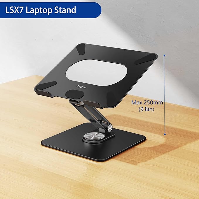 BESIGN LSX7 Laptop Stand with 360 Rotating Base, Ergonomic Adjustable Notebook Riser, Foldable Computer Holder Compatible with 10-15.6" Laptops (Black)