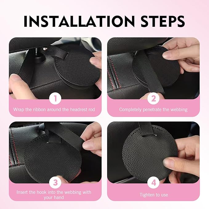 2PCS Car Headrest Hooks, Leather DIY Concealed Seatback Hook, Heavy-Duty Metal Storage Hanger for Purse Bags, Universal for Most Cars, SUVs, Trucks (Pink)