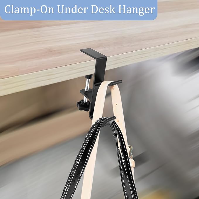Desk Mount Bag Holder Hook Clamp,On Backpack Hanger Portable Desk Mount Headphones Holder for Reduce Desk Clutter Table Desk Table Hanging Storage(2 Pcs-Double Hook Black)