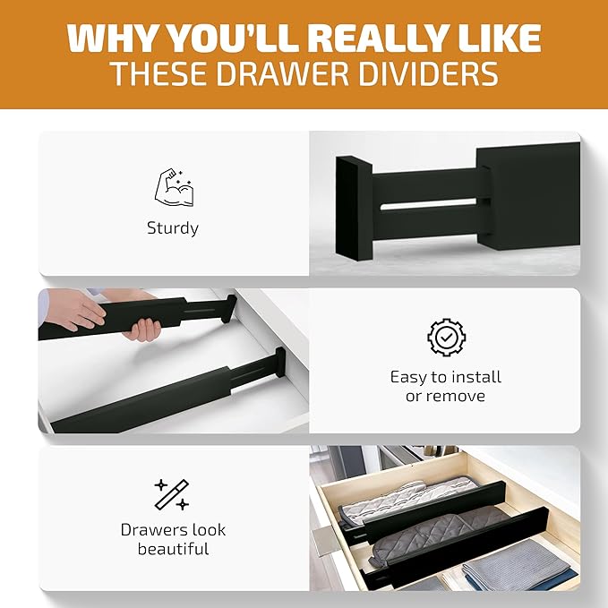 6 Pack Bamboo Drawer Dividers - 17" to 21.5" Expandable Adjustable Drawer Organizer for Kitchen Utensils, Large Drawer Divider, Clothes, Dresser, Bedroom, Bathroom, Desk Drawer Separator Set (Black)