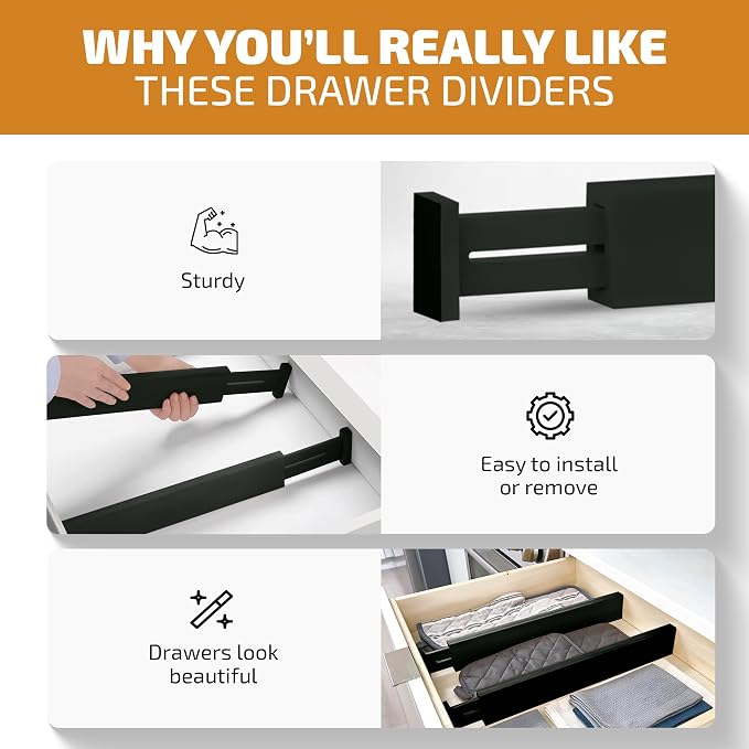 4-Pack Bamboo Drawer Dividers - 2.6 Inches High, Adjustable 16 to 22 Inches Expandable Drawer Organizers and Dresser Separators for Clothes, Utensils, Bedroom, Bathroom, Kitchen, Office, Black Wood