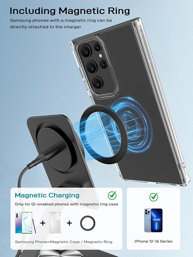 Compatible with MagSafe Charger, 15W Magnetic Charger Stand, 360°Rotation Base Adjustable Foldable Wireless Charger for Samsung Galaxy S26 Ultra/Z Fold7/Flip7/iPhone 17/Pixel 10 Pro/Pixel 10 Pro Fold