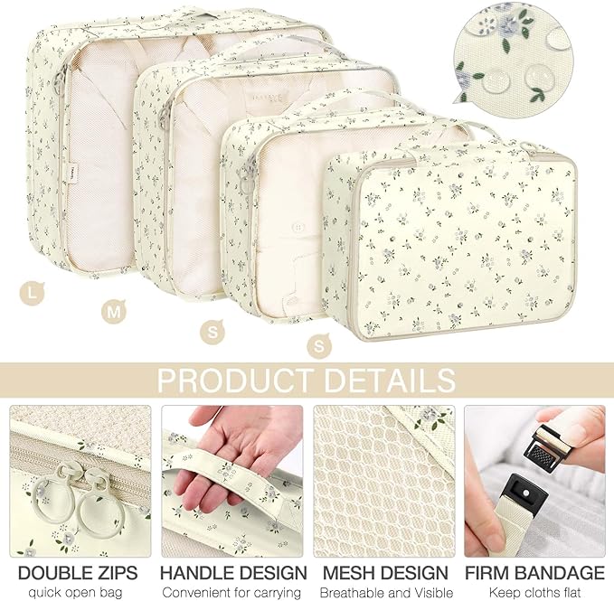 KPX 8 Set Packing Cubes for Travel, Luggage Packing Organizers Accessories Large Toiletries Bag for Clothes Shoes Cosmetics (8Set-Gray Flower)
