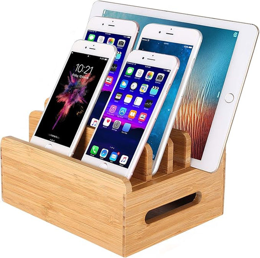 Bamboo Wood Multi-Device Desktop Dock Station Charger Holder Charging Cradle Charge Stand Compatible for iPhone 16 15 14 13 12 11 Pro Max XS XR X iPad 3 4 Mini Pro Air Samsung Huawei Smartphones