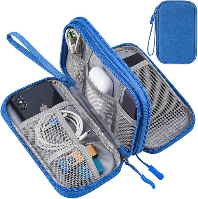 CAAORDKSO Travel Cord Organizer Case, Electronic Accessories Bag, Tech Electronic Case, Electronics Travel Organizer Bag for Cable, USB, Cord, Charger, Phone, Power Bank, Earphone (Blue, Large)